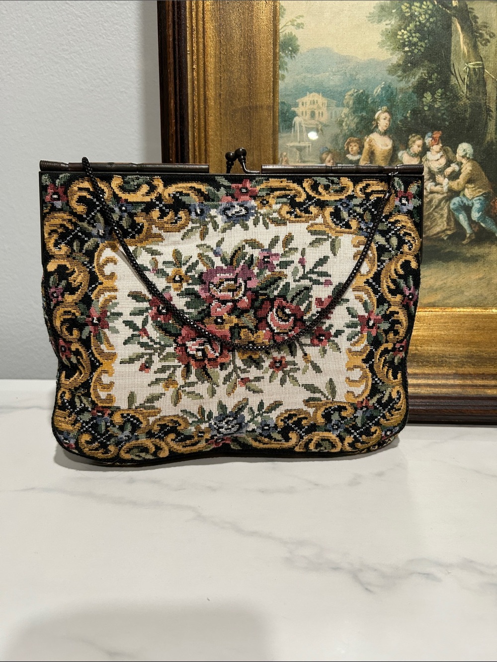 Vintage Floral Tapestry Frame-Top Wristlet in Cream, Pink, Green, Gold